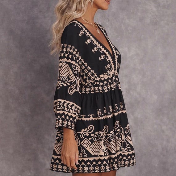 long sleeve tribal dress Suki + Solaine | Long Sleeve Mini Crew Neck Dress