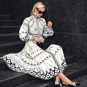western dresses midi midi casual western dresses for women WESTERN MIDI DRESS Black & White / 40
