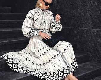 boho bird dresses Boho Bird Print Midi Dress White Multicolor | Cotton Long Sleeve Dress |  Vintage Patchwork Style | Festival Outfit | Unique Bohemian Dress