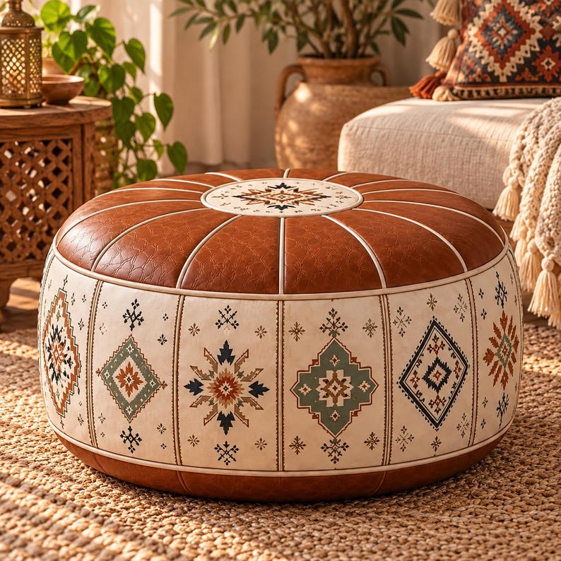 Boho Ottoman Pouf, Large PU Leather Floor Cushion With Storage ...