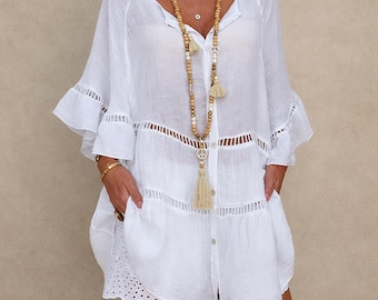 Sukienka boho z dekoltem w serek, bawełniana, lniana, oversize'owa, z wycięciem w serek