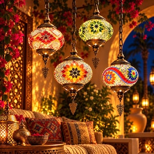 May include: Four hanging pendant lamps featuring intricate mosaic glass patterns in red, yellow, green, and blue. Each lamp has an antique brass-toned metal frame with a decorative finial at the bottom, suspended by a matching metal chain.