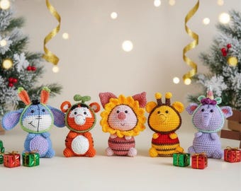 Forest Friends Amigurumi Crochet Pattern Set, Cute Animal Dolls, Bee Tiger Donkey Pig Unicorn, PDF Plush Toy, Beginner Friendly