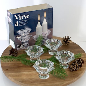 Arabia Virve Crystal Candle Holders – Set of 4 with Original Box | Vintage Finnish Mid-Century Glass | Arabia Wärtsilä Finland 1970s