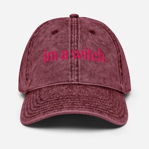Maroon Embroidered Witch Hat: Distressed Vintage Style Baseball Cap