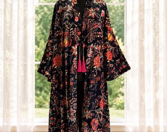 Floral Velvet Kimono Robe for Women, Handmade Indian Long Jacket, Boho Luxe Coat, Statement Festival Wear, Velvet Duster Cardigan