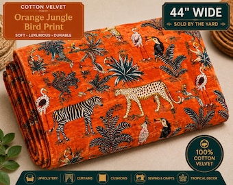Orange Jungle Bird Print Velvet Fabric, Tropical Animal Upholstery Material, 44 Inch Wide Cotton Fabric by Yard for Sofa Craft Sewing Decor