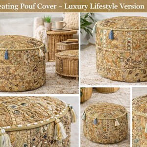 May include: Round pouf cover featuring a floral design in gold, beige, and brown tones. The cylindrical cover has decorative tassels in blue and cream. The top and sides are embellished with detailed stitching and decorative elements, offering a luxurious aesthetic.