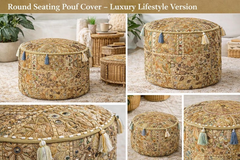 May include: Round pouf cover featuring a floral design in gold, beige, and brown tones. The cylindrical cover has decorative tassels in blue and cream. The top and sides are embellished with detailed stitching and decorative elements, offering a luxurious aesthetic.