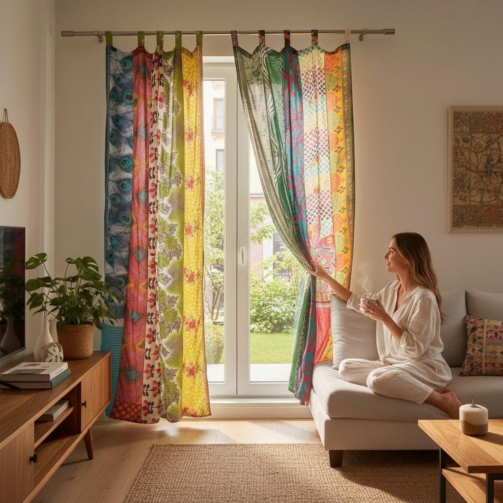Silk Pachwork Curtain インドサリー　#A22 シングル Boho Sari Patchwork Curtain, Vintage Indian Silk Drapes, Sheer