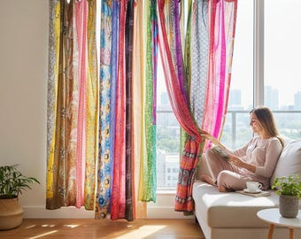 Mehrfarbige Gardinen | Patchwork Seide Sari Vorhänge | Eklektische Wohnkultur | Bunte Boho Panels | Auffallende Fensterbehandlung