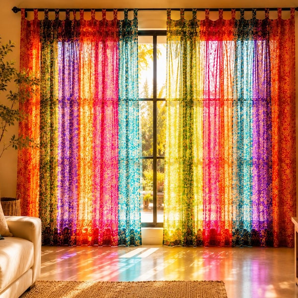 Handmade Vintage Silk Sari Curtain | Boho Patchwork Window Panel | Colorful Indian Drapes | One of a Kind Home Decor