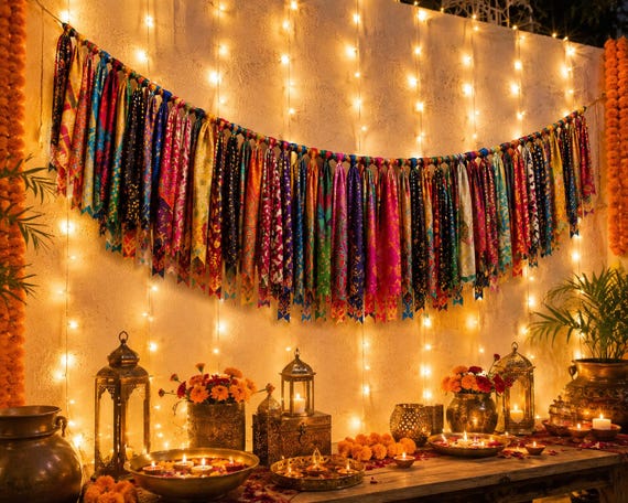 Vintage Silk Sari Fabric Garland Boho Wedding Decor, Colourful Indian Tassel Banner, Festival Party Decoration, Recycled Silk Bunting