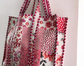 Hand Block Print Cotton Quilted Tote Bag: Indian Vintage Shoulder Bag