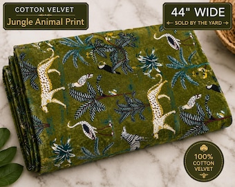 Green Jungle Animal Velvet Fabric By The Yard, Safari Bird Print Upholstery Fabric, Tropical Cotton Velvet Curtain Fabric, Cushion Fabric