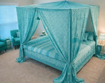 Cortinas de cama con dosel bohemias / Dosel de cama de algodón con patchwork indio hecho a mano / Decoración de dormitorio boho vintage, decoración étnica para el hogar