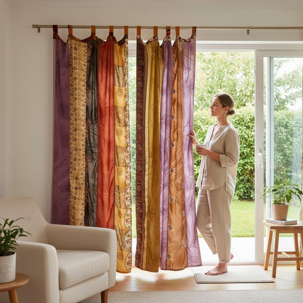Silk Pachwork Curtain インドサリー　#A22 シングル Boho Sari Patchwork Curtain, Vintage Indian Silk Drapes, Sheer