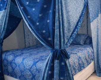 Cortinas de cama con dosel bohemias / Dosel de cama de algodón con patchwork indio hecho a mano / Decoración de dormitorio boho vintage, decoración étnica para el hogar