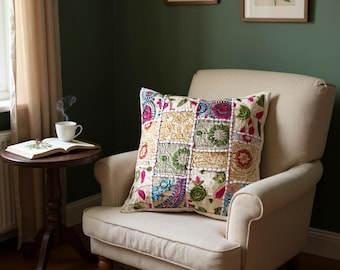 Handmade Indian Khambadiya Embroidered Pillow Cover, Boho Cotton Throw Cushion, 16x16