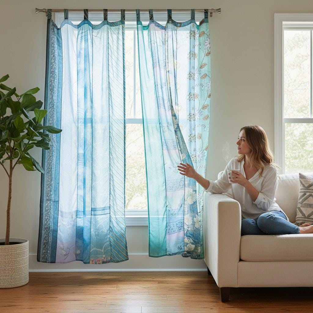 Silk Pachwork Curtain インドサリー　#A22 シングル Boho Sari Patchwork Curtain, Vintage Indian Silk Drapes, Sheer