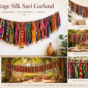 May include: A garland made of numerous strips of multicolored vintage silk fabric tied to a central cord. The fabric features various patterns and vibrant hues including red, yellow, green, blue, and purple. The text reads Vintage Silk Sari Garland.