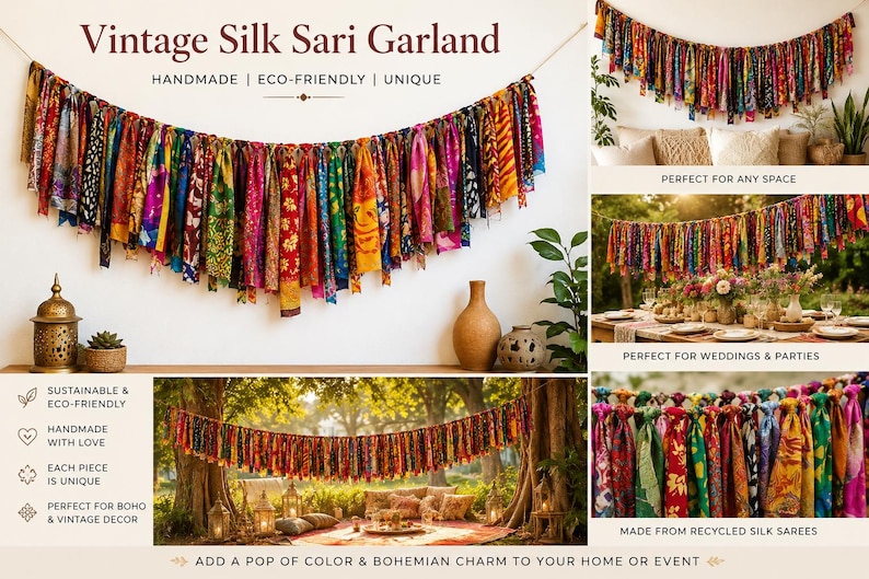 May include: A garland made of numerous strips of multicolored vintage silk fabric tied to a central cord. The fabric features various patterns and vibrant hues including red, yellow, green, blue, and purple. The text reads Vintage Silk Sari Garland.
