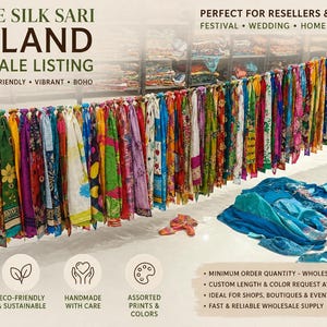 May include: A long garland made of strips of colorful, patterned vintage silk sari fabric hanging in a row. The display features various floral and geometric prints in bright hues. Text on the image includes VINTAGE SILK SARI GARLAND.