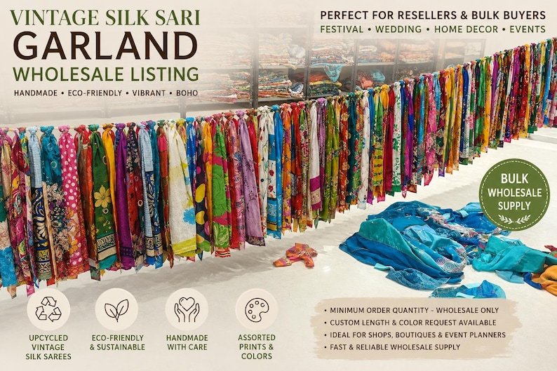 May include: A long garland made of strips of colorful, patterned vintage silk sari fabric hanging in a row. The display features various floral and geometric prints in bright hues. Text on the image includes VINTAGE SILK SARI GARLAND.