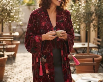 Rödbrun sammet kimono morgonrock för kvinnor | Fågelmönstrad sammet duster | Lång boho kimonojacka | Lyxig sammet loungemorgonrock | Handgjord present till henne