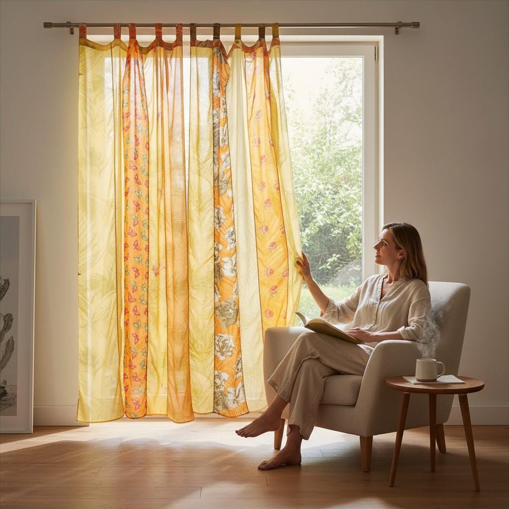 Boho Sari Patchwork Curtain, Vintage Indian Silk Drapes, Sheer