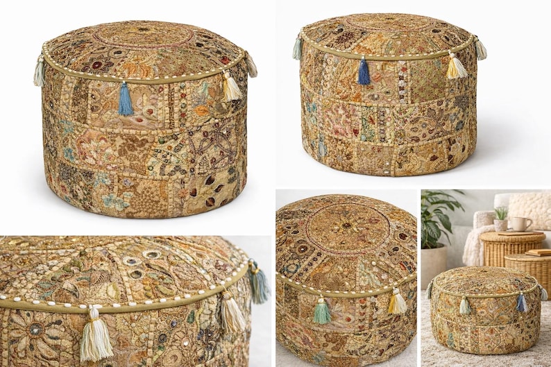 May include: Round, beige patchwork pouf with an embroidered top and colorful tassels. This decorative accent piece is suitable for living rooms, bedrooms, or entryways. The pouf is approximately 46 cm in diameter and 36 cm high.