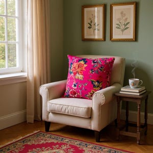 May include: A bright pink floral cushion rests on a cream-colored armchair. The cushion features a vibrant pattern of red, yellow, and blue flowers. Two framed botanical prints hang on the green wall, and a small table holds a teacup.