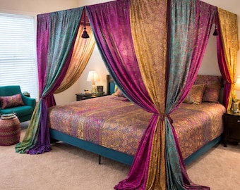 Cortinas de cama con dosel bohemias / Dosel de cama de algodón con patchwork indio hecho a mano / Decoración de dormitorio boho vintage, decoración étnica para el hogar