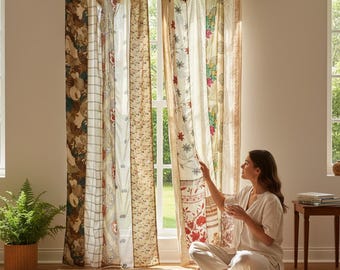 Vintage Indischer Seide Sari Vorhang, Boho Patchwork Fenster Vorhang