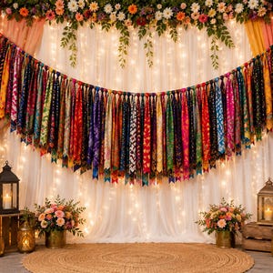 May include: A decorative fabric garland featuring a long string of multicolored, patterned fabric strips tied in knots. The strips display various vibrant colors and designs, hanging in a curved arrangement against a white curtain backdrop.