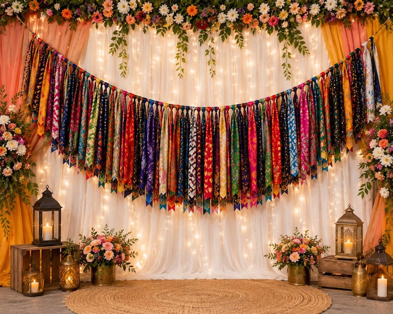 May include: A decorative fabric garland featuring a long string of multicolored, patterned fabric strips tied in knots. The strips display various vibrant colors and designs, hanging in a curved arrangement against a white curtain backdrop.