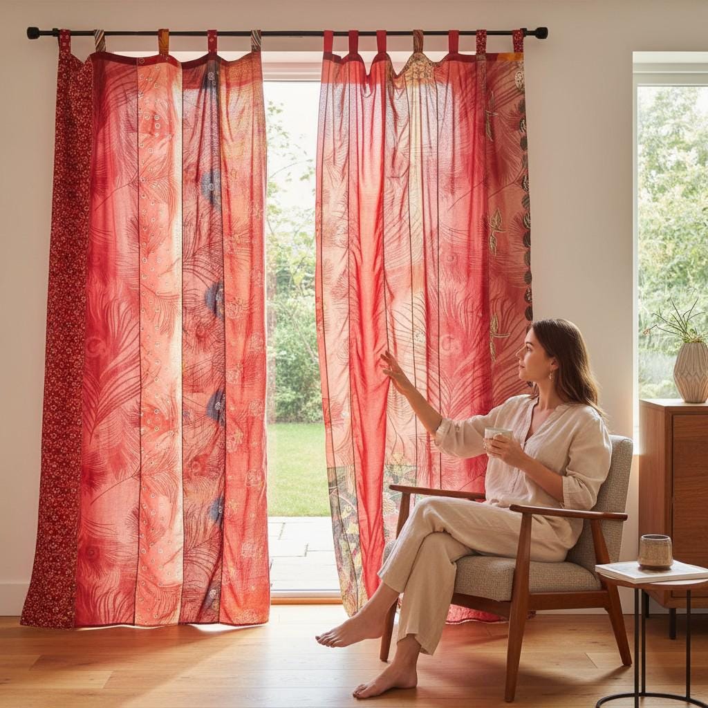 Boho Sari Patchwork Curtain, Vintage Indian Silk Drapes, Sheer