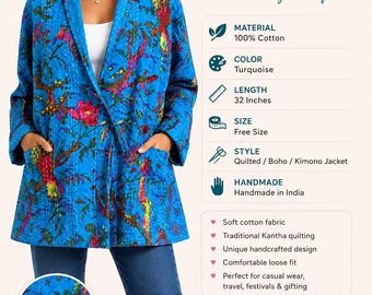 Vintage-Steppjacke aus indischer Baumwolle (Kantha), Boho-Patchwork-Kimono-Mantel