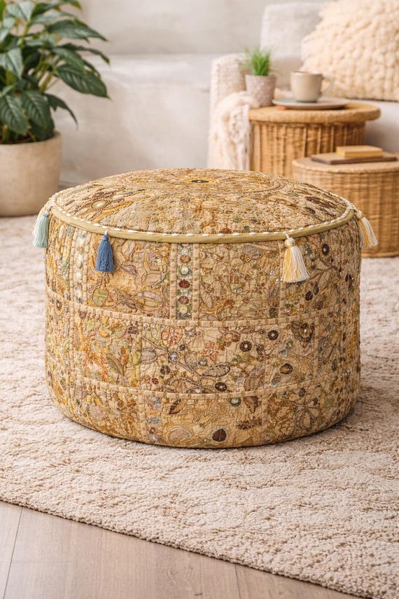 Boho Patchwork Round Pouf Cover | Handmade Embroidered ottoman | Floor Cushion Seating | Vintage Indian Footstool | Living Room decor