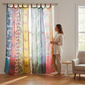 Tenda patchwork vintage in sari di seta: tenda multicolore in stile boho per finestre