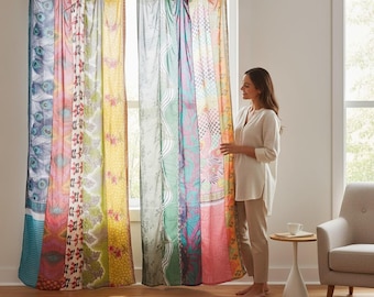 Zasłona w stylu vintage z jedwabiu Sari Patchwork: zasłony okienne Boho, wielokolorowe