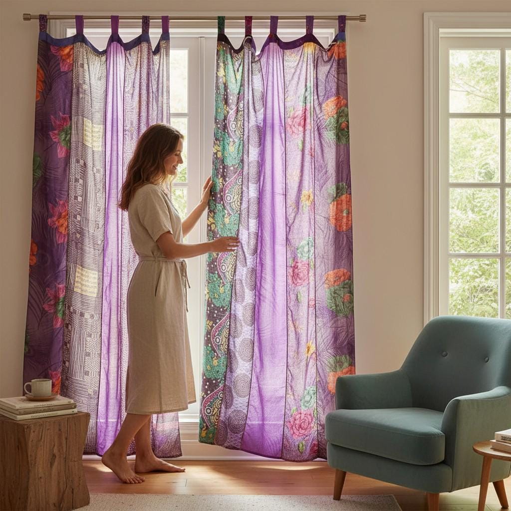 Boho Sari Patchwork Curtain, Vintage Indian Silk Drapes, Sheer