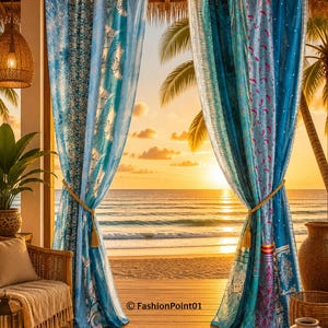 Handgefertigter Vintage Seidenvorhang, Boho Patchwork Fenstervorhang, Boho Vorhänge, Strandhaus Dekor, Bauernhaus
