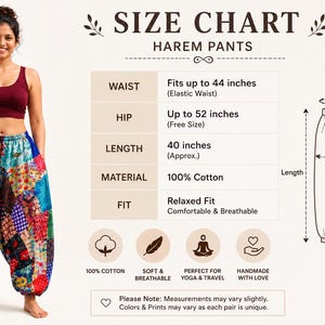 Puede incluir: Una tabla de tallas para pantalones harén con diseño de patchwork y varios patrones coloridos. La tabla indica una cintura de hasta 111,76 cm, cadera de hasta 132,08 cm y una longitud de 101,6 cm. El material es 100% algodón con ajuste holgado.