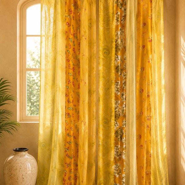 Handmade Vintage Silk Sari Curtain | Boho Window Panel | Blue Patchwork Drapes | Indian Bohemian Curtain | Living Room Decor
