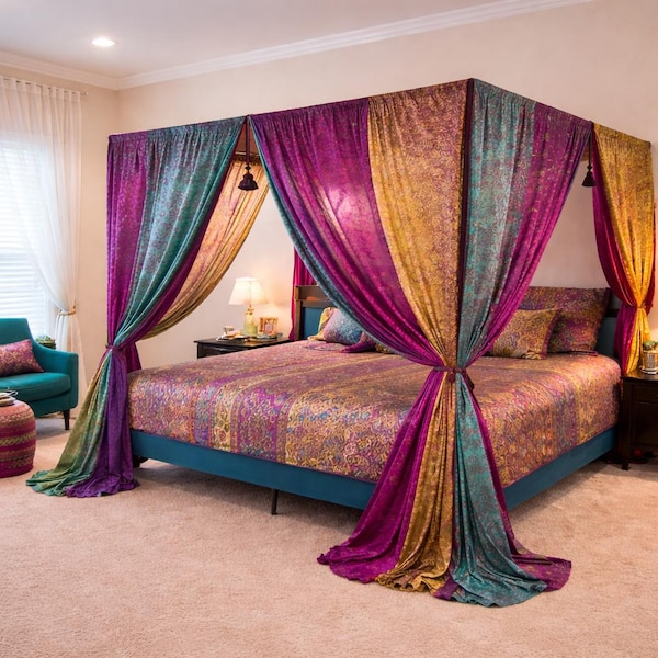 Vintage silk sari bed canopy - Ethnic Indian bedroom decor -colourful patchwork bad hanging hippies romantic home and bedroom