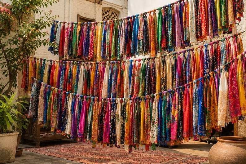 May include: A large collection of colorful silk scarves hanging in multiple rows on horizontal lines. The scarves feature a wide variety of vibrant patterns, floral prints, and geometric designs in shades of red, blue, yellow, green, and purple.
