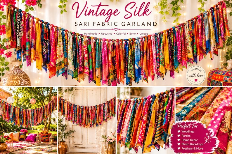 May include: A decorative garland made of numerous strips of multicolored vintage silk sari fabric tied to a central cord. The fabric features various patterns and vibrant hues including red, yellow, blue, and green, creating a textured display.