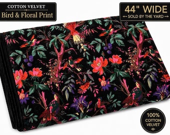 Black Bird Print Velvet Fabric By The Yard, Floral Upholstery Fabric, Cotton Velvet Material, Curtain Fabric, Cushion Fabric, Sewing Fabric