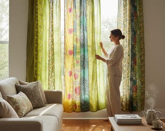 Vintage Seiden Sari Vorhang: Indische Handgemacht Patchwork Fenster Vorhang
